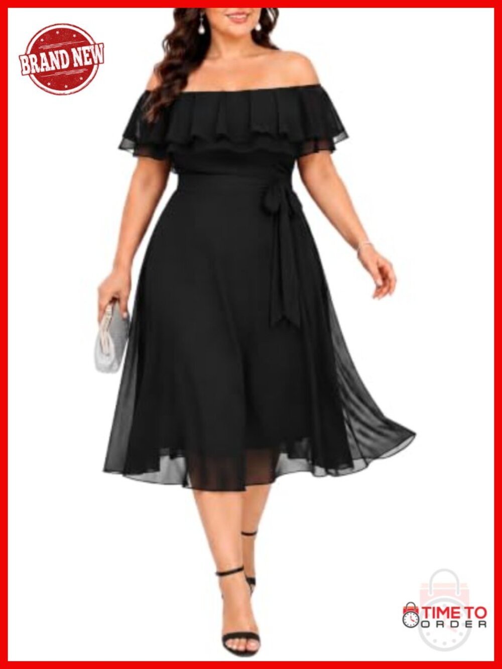 Plus Size Off Shoulder Chiffon A-Line Midi Dress Wedding Guest Formal